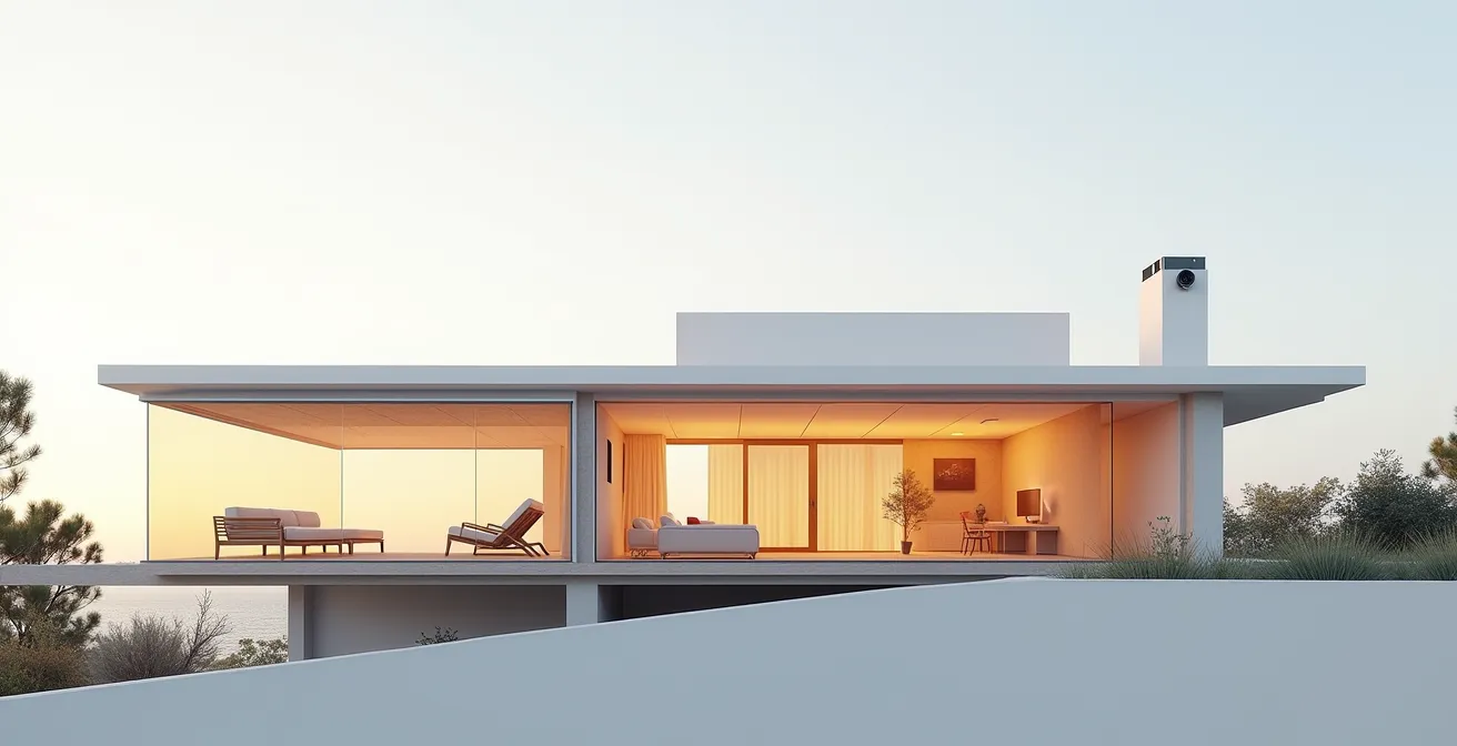 Corte transversal de vivienda mostrando el flujo térmico con toldo de aluminio