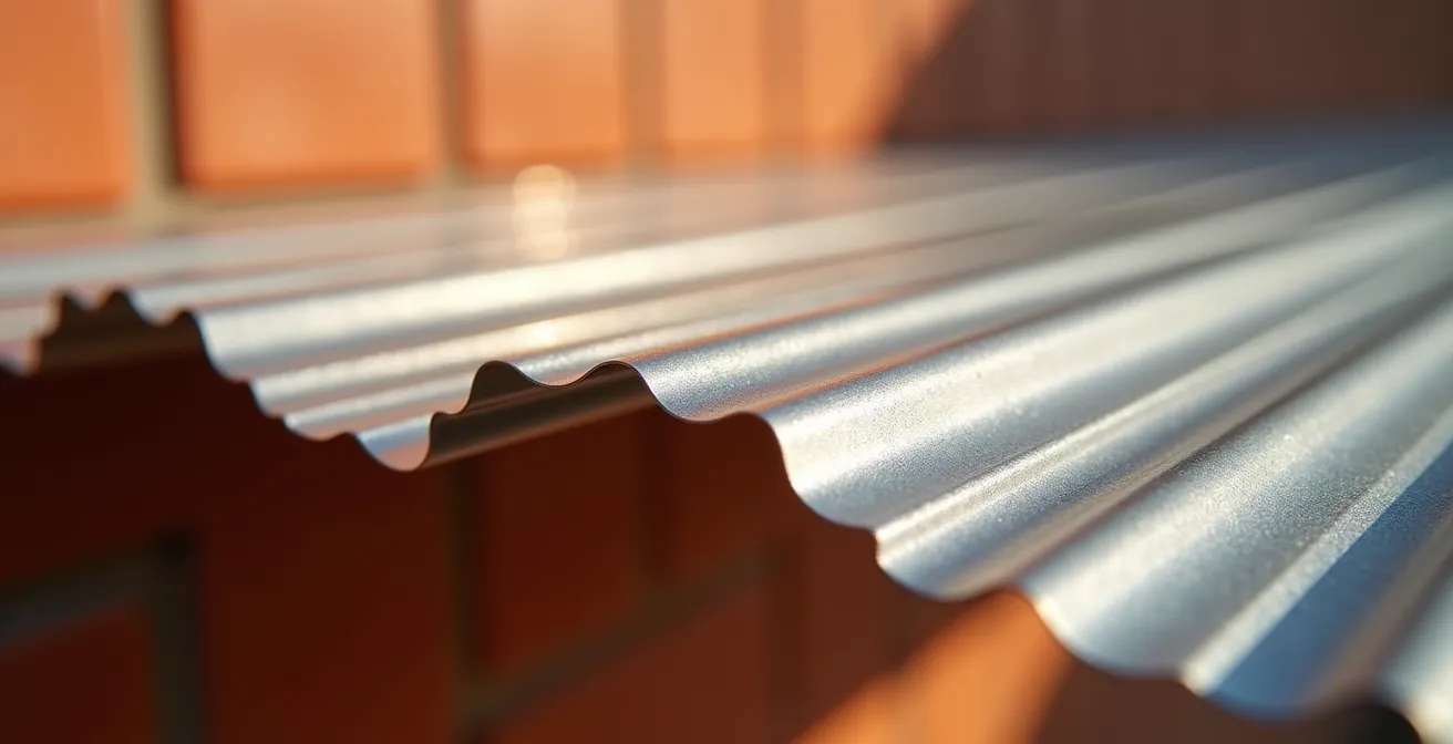 Detalle macro de la superficie de aluminio de un toldo mostrando su textura reflectante