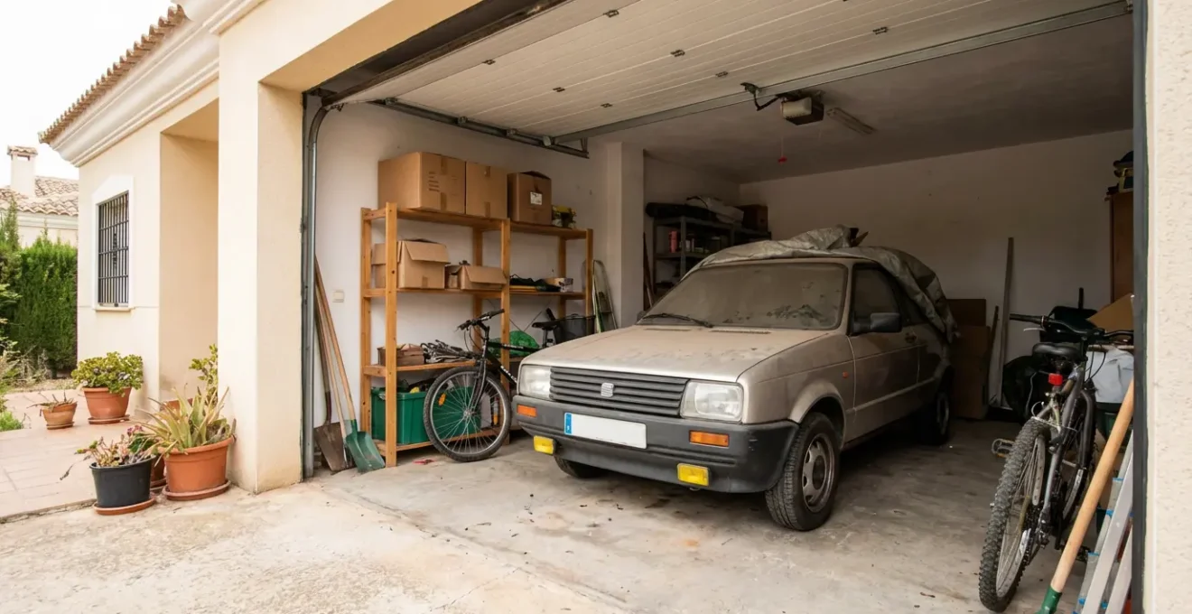 Coche compacto estacionado en garaje residencial con luz natural, contexto de vehículo poco usado