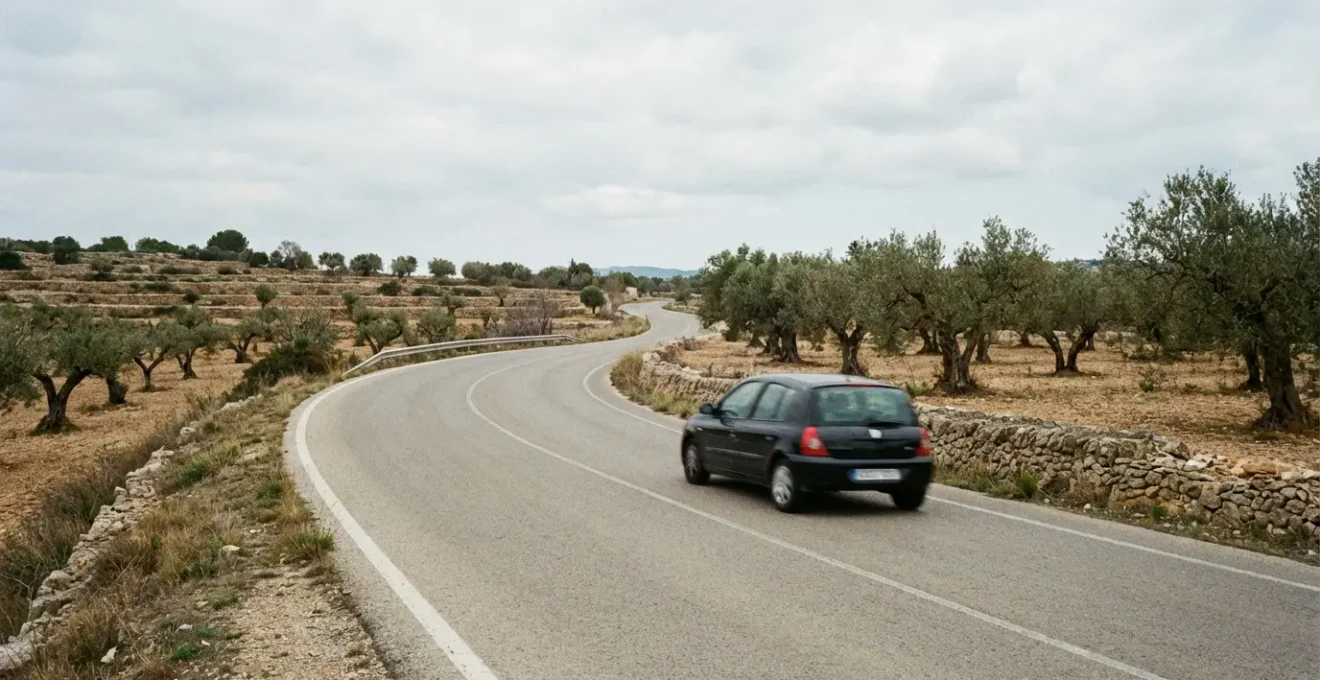 Coche compacto circulando por carretera secundaria española con paisaje mediterráneo y olivos