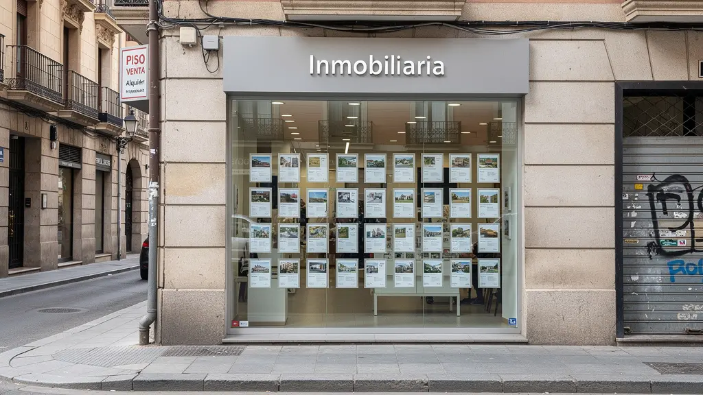 Fachada de agencia inmobiliaria en calle comercial de Madrid