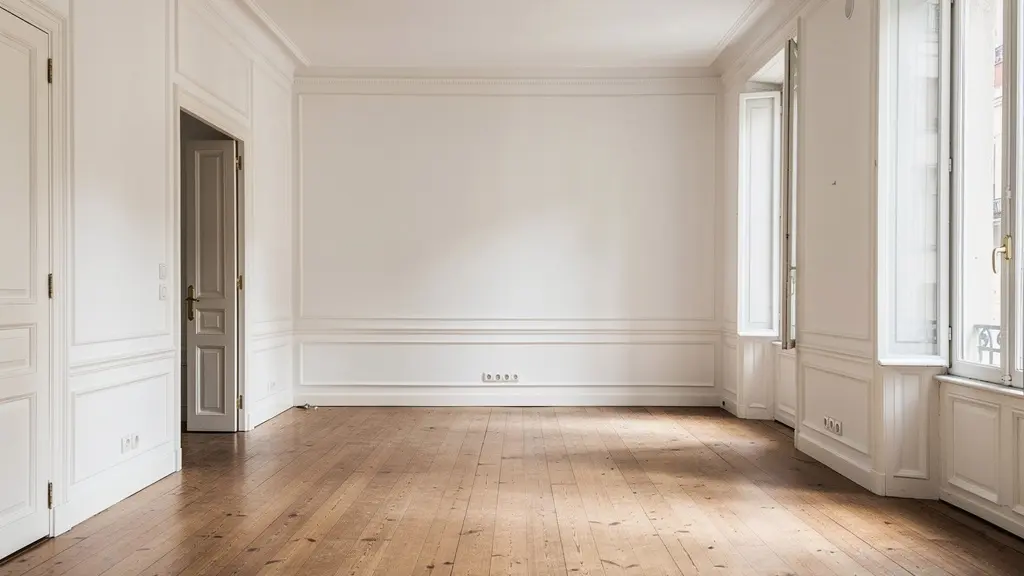 Interior de piso vacío en edificio clásico madrileño con techos altos