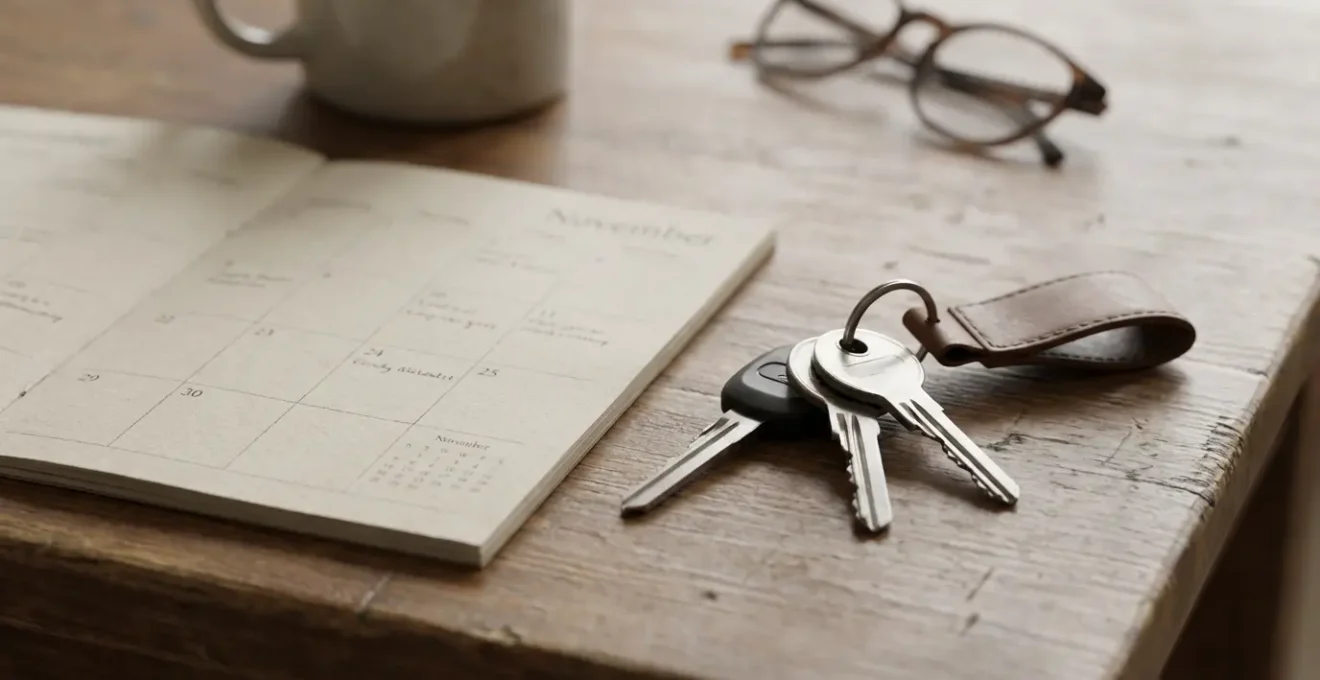 Llaves de coche sobre mesa de madera junto a calendario, contexto de planificación de uso del vehículo