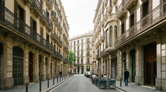 Vista panorámica del barrio Eixample de Barcelona con fachadas modernistas típicas