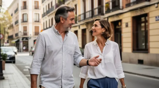 Pareja europea observando fachadas residenciales en el barrio Salamanca de Madrid