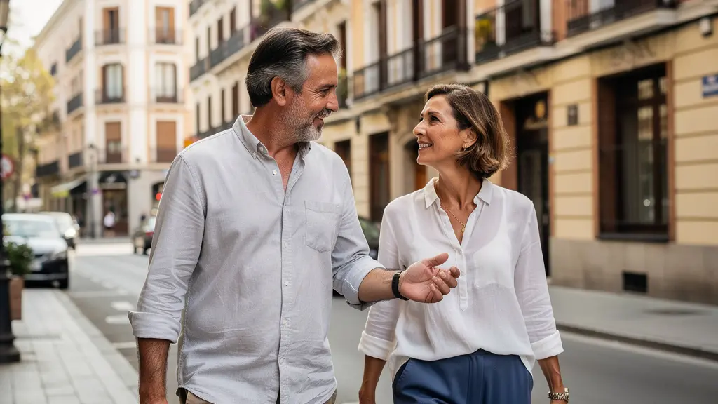 Pareja europea observando fachadas residenciales en el barrio Salamanca de Madrid