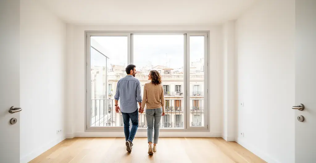 Pareja española visitando apartamento vacío con grandes ventanales en Barcelona