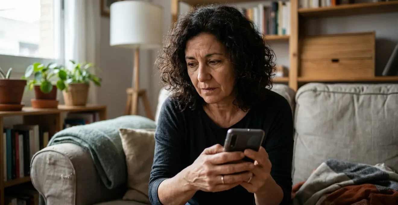 Mujer española de mediana edad consultando smartphone en salón, actitud reflexiva calculando opciones de seguro