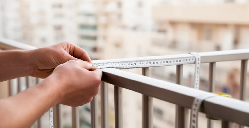 Persona midiendo balcón con cinta métrica sin leer números