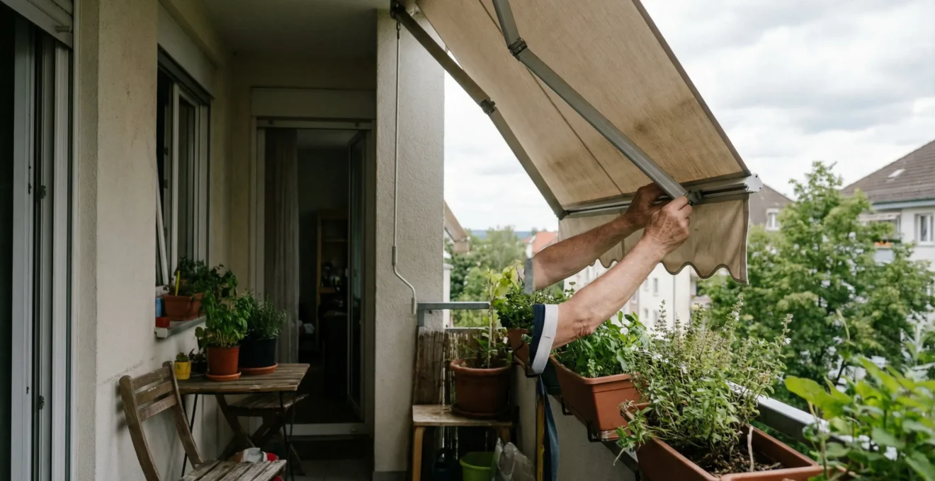 Persona ajustando inclinación de toldo sin cofre en balcón urbano español