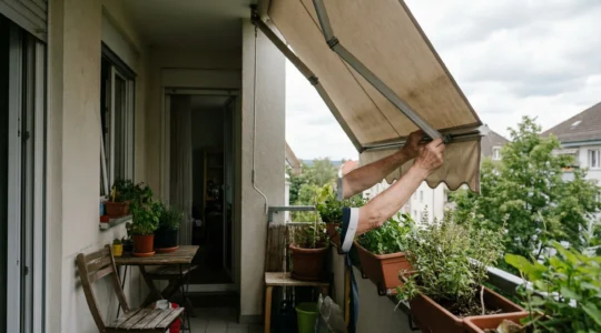 Persona ajustando inclinación de toldo sin cofre en balcón urbano español