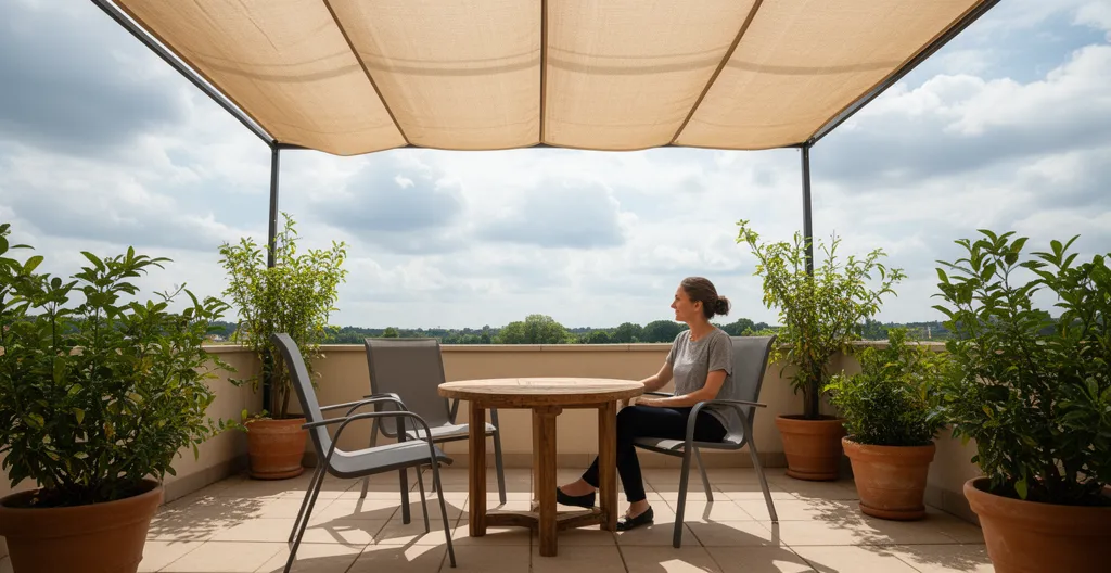 Persona sentada bajo toldo en terraza pequeña con mesa y macetas