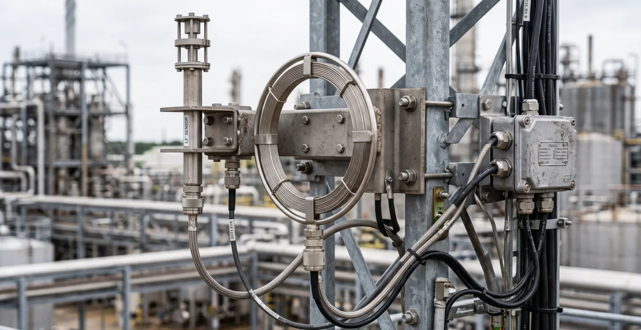 Détail des antennes et capteurs électromagnétiques VLF/LF utilisés pour la détection de rayos, montés sur une structure industrielle