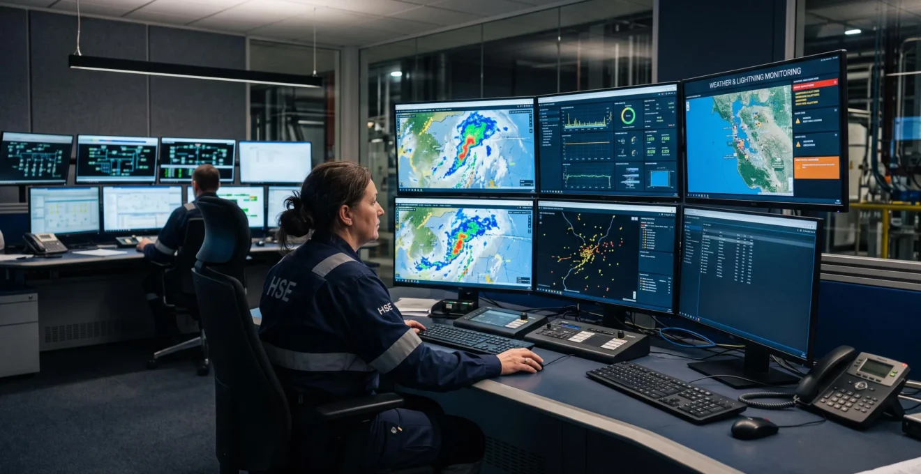 Opérateur HSE surveillant les systèmes d'alerte rayos depuis une salle de contrôle industrielle moderne avec écrans de monitoring météorologique